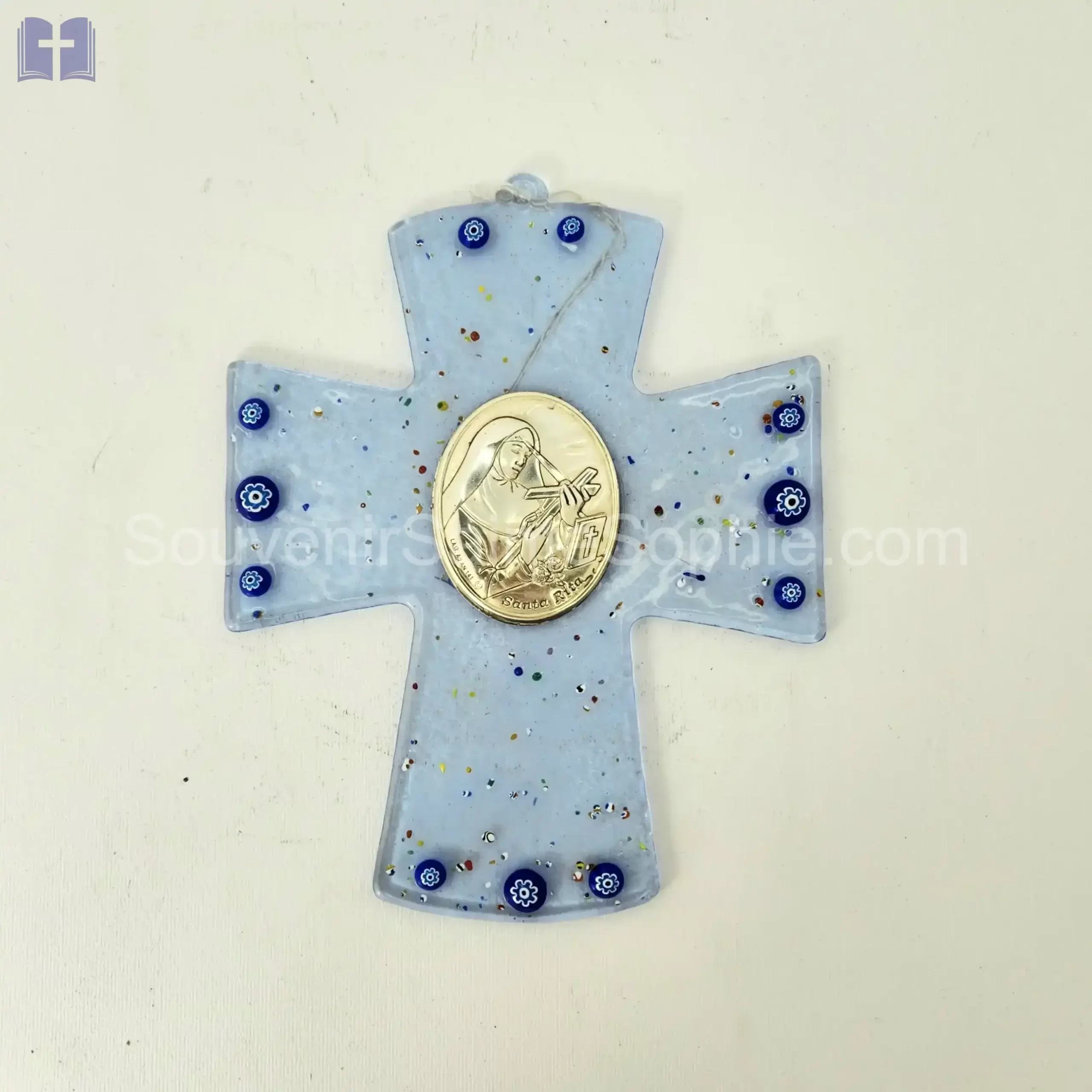 Cross Glass Blue Size 15cm With Saint Rita Icone