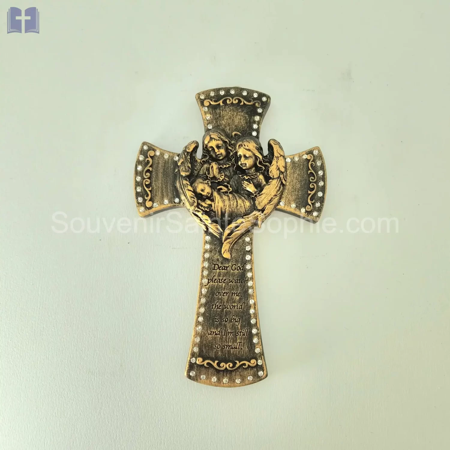 Cross Size 17cm Swarovski Crystals Angel with Baby Bronz Color