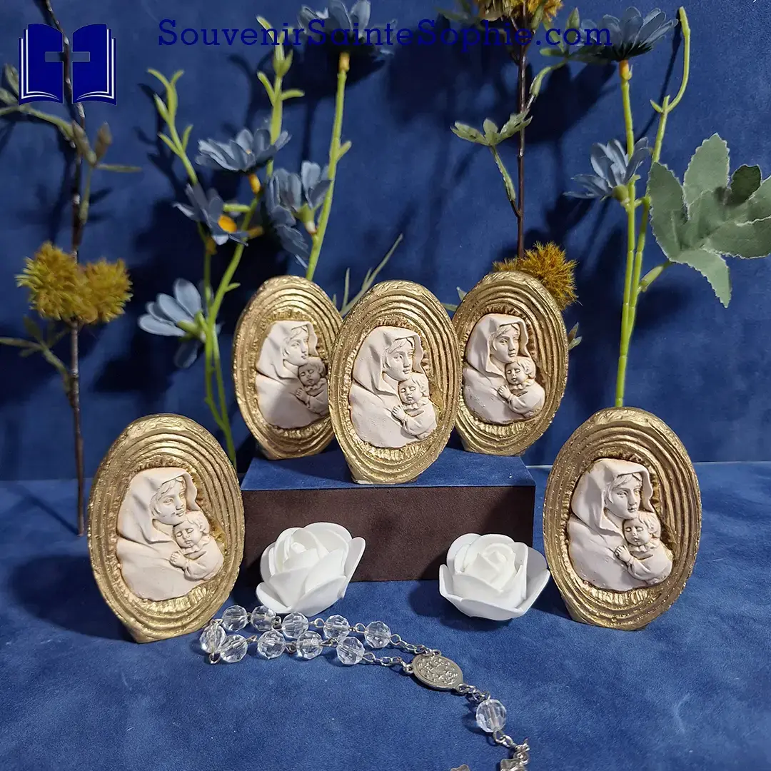 Gold Jesus and Virgin mary on wood like Resin - 40th Memorial Souvenirs