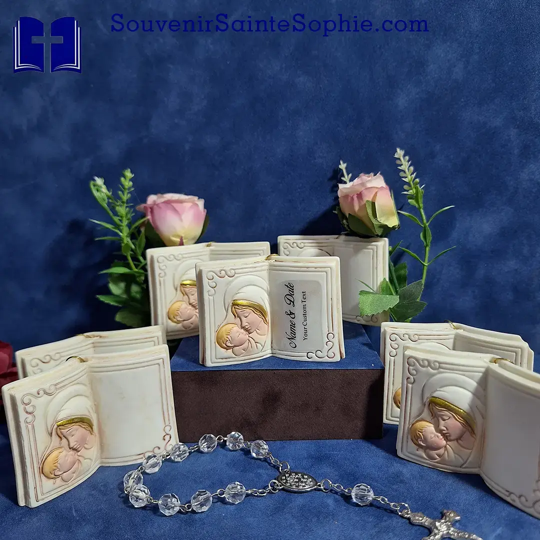 Bible Souvenir with Mary and JesusJesus and Virgin mary on wood like Resin - 40th Memorial Souvenirs
